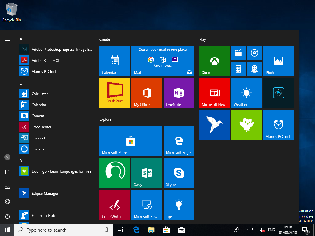 windows 10 start menu